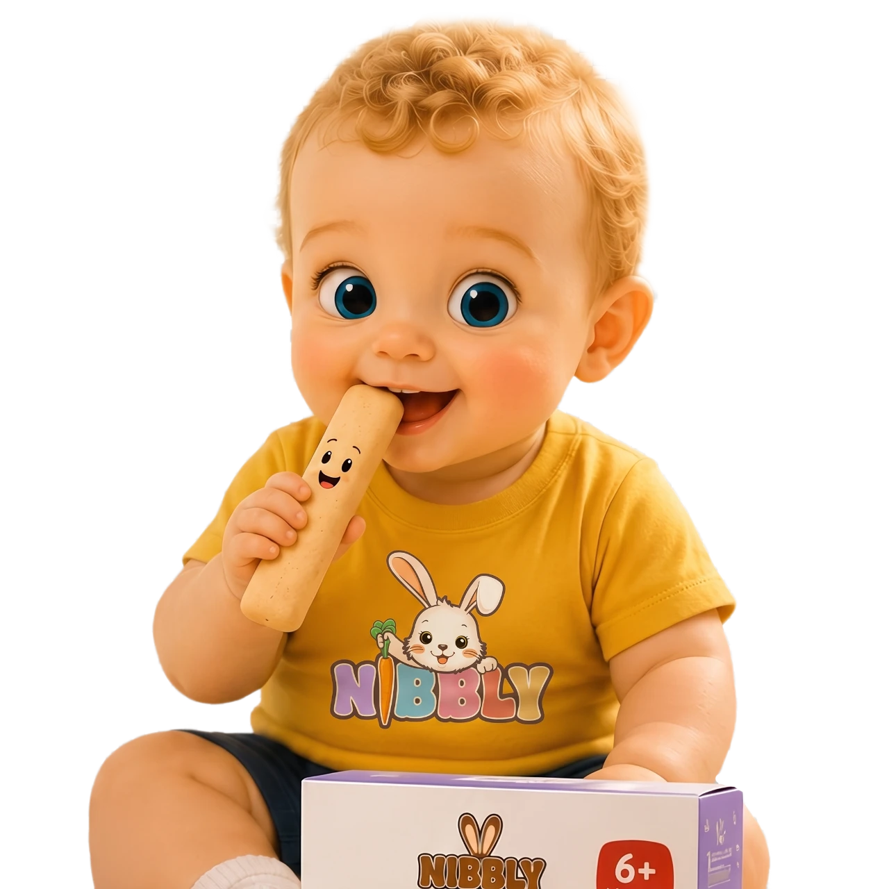 Happy baby in a Nibbly t-shirt enjoying a teething biscuit