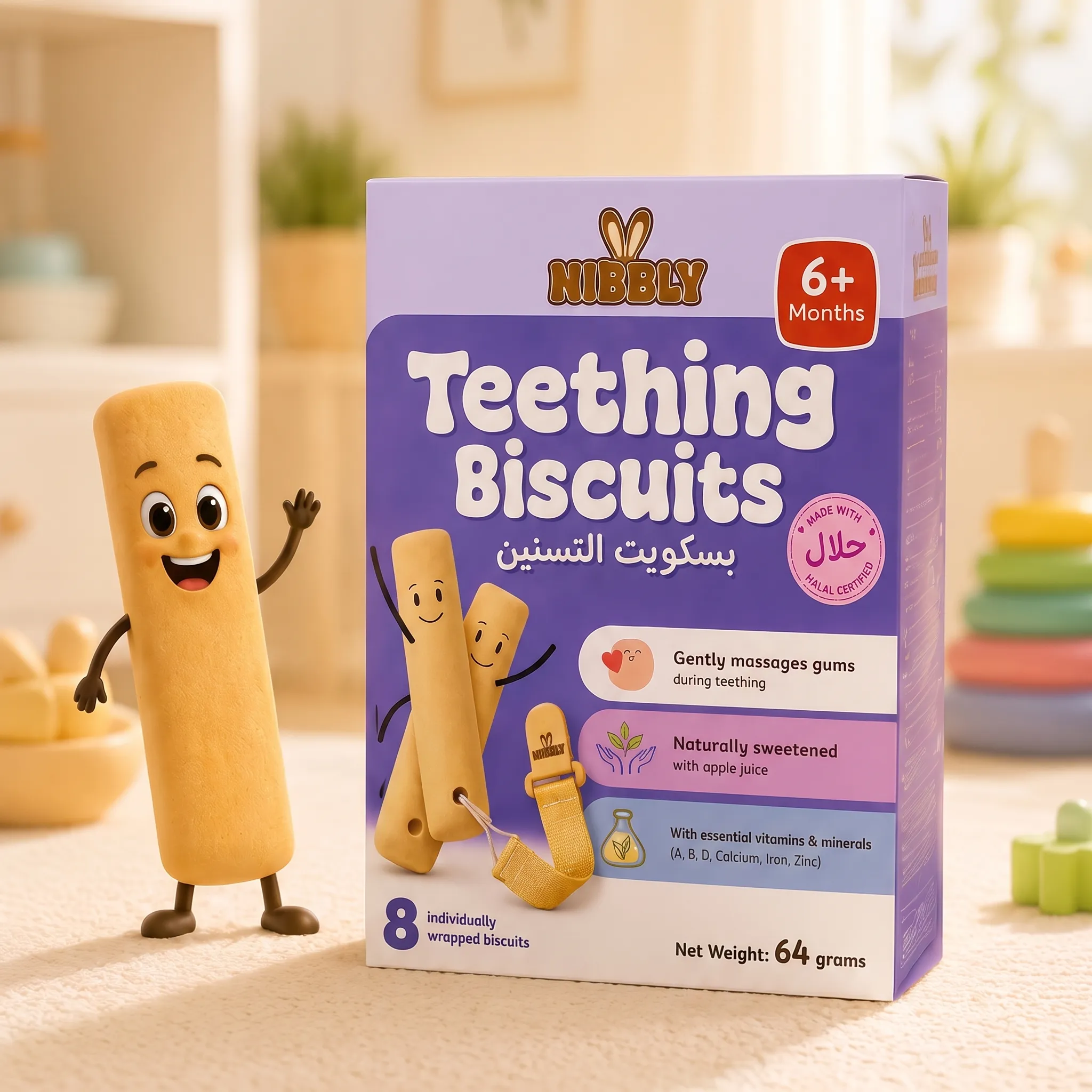 Nibbly Teething Biscuits box with mascot